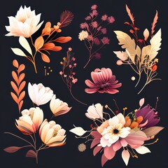 Watercolor flowers set. Collection of decorative elements bright colorful flowers, leaves, grass, hand drawn with watercolors. Decoration Watercolor flowers isolated. Generative AI