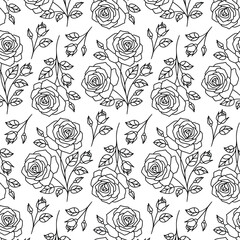 seamless black and white pattern with rose branches