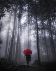 girl standing with red umbrella in the forest