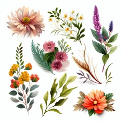 Badezimmer Foto Rückwand Watercolor flowers set. Collection of decorative elements bright colorful flowers, leaves, grass, hand drawn with watercolors. Decoration Watercolor flowers isolated. Generative AI © megavectors