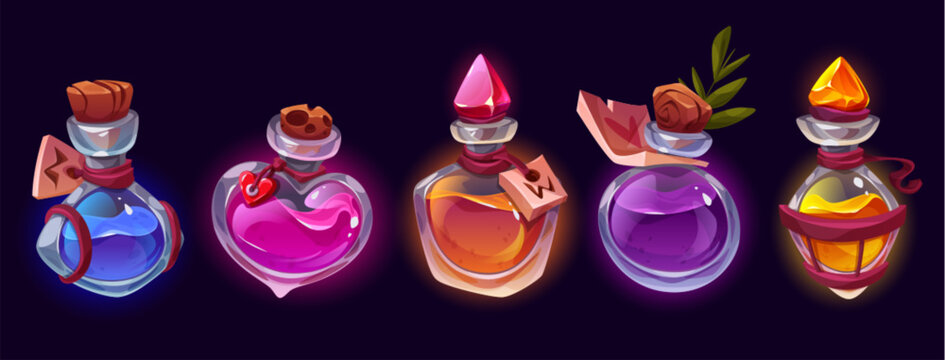 Potion bottles with magic elixir, cartoon glass flasks with colorful glowing liquid and corkwood or crystal plugs. Witch poison gui or ui game assets, alchemist apothecary vials, Vector icons set