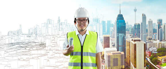 Smart city engineer with smart city blueprint