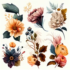 Watercolor flowers set. Collection of decorative elements bright colorful flowers, leaves, grass, hand drawn with watercolors. Decoration Watercolor flowers isolated. Generative AI