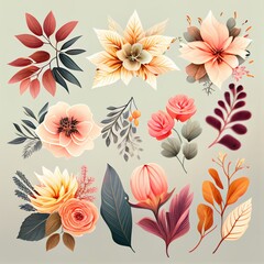 Watercolor flowers set. Collection of decorative elements bright colorful flowers, leaves, grass, hand drawn with watercolors. Decoration Watercolor flowers isolated. Generative AI