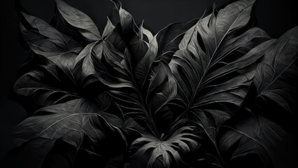 Dark black leaves of tropical plant isolated on black background