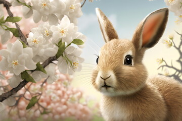 adorable white easter bunny baby in springtime blossoms, generative ai