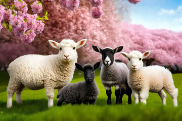 adorable white baby goats, and lambs in a springtime meadow, generative ai