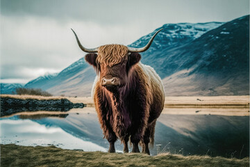 highland cow with horns standing in front of lake with snow covered mountains in background, AI assisted finalized in Photoshop by me - obrazy, fototapety, plakaty