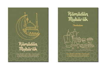Ramadan Kareem greeting card set. Vector illustration of Ramadan Kareem greeting card with mosque and crescent moon.