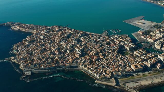 Aerial view of the city of Syracuse in Sicily. Beautiful island Drone Shot Slow motion. 