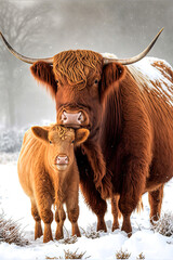 Scottish highland cow with horns and calf in the snow, AI assisted finalized in Photoshop by me - obrazy, fototapety, plakaty