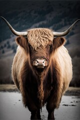 Scottish highland cow with horns, AI assisted finalized in Photoshop by me - obrazy, fototapety, plakaty