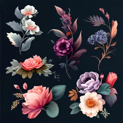 Outdoor kussens Watercolor flowers set. Collection of decorative elements bright colorful flowers, leaves, grass, hand drawn with watercolors. Decoration Watercolor flowers isolated. Generative AI © megavectors