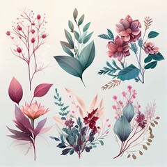 Watercolor flowers set. Collection of decorative elements bright colorful flowers, leaves, grass, hand drawn with watercolors. Decoration Watercolor flowers isolated. Generative AI
