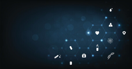 Medical technology network design.Health care concept.Icon medical network connection with modern on dark blue background.