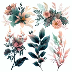 Fotobehang Watercolor flowers set. Collection of decorative elements bright colorful flowers, leaves, grass, hand drawn with watercolors. Decoration Watercolor flowers isolated. Generative AI © megavectors