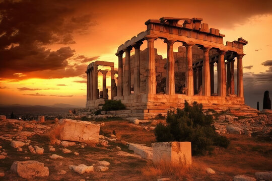 Ruins of the greek Acropolis at sunset. Parthenon Athens Greece sunset colors. Generative AI.
