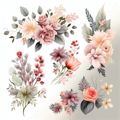Fototapeta na wymiar Watercolor flowers set. Collection of decorative elements bright colorful flowers, leaves, grass, hand drawn with watercolors. Decoration Watercolor flowers isolated. Generative AI