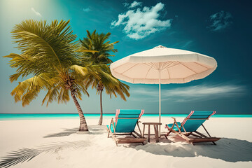 Fototapeta na wymiar Deckchairs And Parasol With Palm Trees In The Tropical Beach