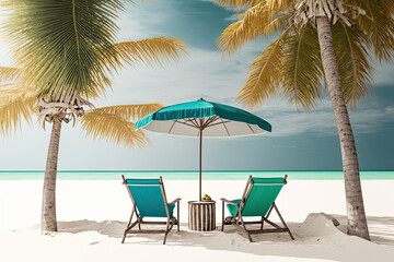 Obraz na płótnie Canvas Deckchairs And Parasol With Palm Trees In The Tropical Beach