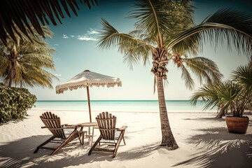 Fototapeta na wymiar Deckchairs And Parasol With Palm Trees In The Tropical Beach