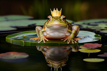 Frog wearing a crown on a lily pad in the middle of a pond, generative AI