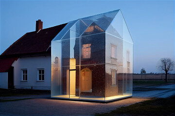 Traditional house with a transparent glass outbuilding, generative AI - obrazy, fototapety, plakaty