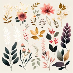 Watercolor flowers set. Collection of decorative elements bright colorful flowers, leaves, grass, hand drawn with watercolors. Decoration Watercolor flowers isolated. Generative AI