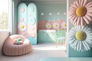 modern room decoration with squishy huge flowers decorating the walls, generative ai illustration with soft colors