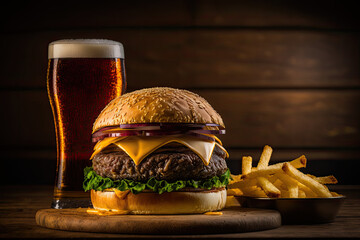 Shot of a beer and a burger with homemade french fries on a wood counter in a pub