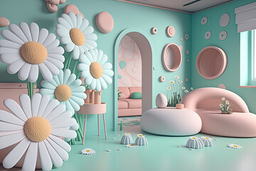 modern living room with squishy huge gerbera flowers decorating the walls, generative ai illustration with soft colors