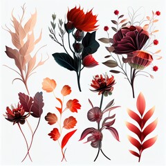 Watercolor flowers set. Collection of decorative elements bright colorful flowers, leaves, grass, hand drawn with watercolors. Decoration Watercolor flowers isolated. Generative AI