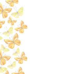 Watercolor frame with yellow and orange flying butterflies. Hand drawn fairy moths isolated on white background. Colorful template for kids, cards, invitation, baby shower, poster, greeting card