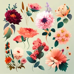 Outdoor kussens Watercolor flowers set. Collection of decorative elements bright colorful flowers, leaves, grass, hand drawn with watercolors. Decoration Watercolor flowers isolated. Generative AI © megavectors