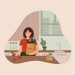 Woman in the kitchen with food. Useful products for health and well-being. Greens, fruits, apples. Vector illustration in a flat style.