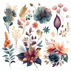 Möbelaufkleber Watercolor flowers set. Collection of decorative elements bright colorful flowers, leaves, grass, hand drawn with watercolors. Decoration Watercolor flowers isolated. Generative AI © megavectors
