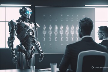 Fototapeta na wymiar Futuristic business meeting with cyborgs created with generative ai technology