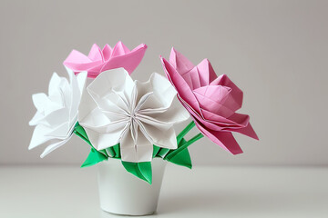 Vase with origami pink and white flowers, light background, created with Generative AI technology