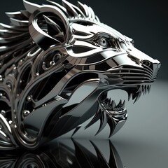 AI generated a biomechanical lion head in mirror-like polished chrome.