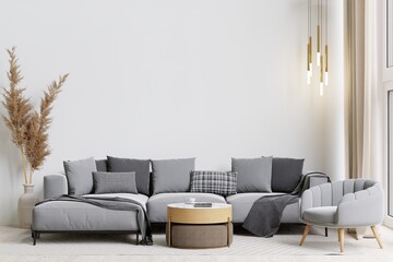 big white living room.interior design,grey sofa,lamp,wooden table,carpet wall for mock up and copy space