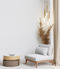 big white living room.interior design,white chair,lamp,wooden table,carpet wall for mock up and...