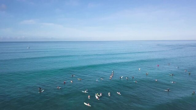 Hoard of surfers compiled on the pacific ocean in waikiki beach honolulu hawaii, AERIAL PULLBACK
