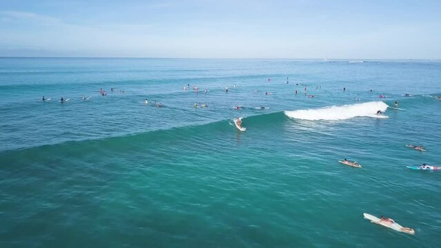 Surfers ripping waves at Waikiki Beach Honolulu Hawaii, AERIAL DOLLY BACK