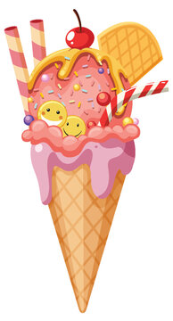 Strawberry ice cream wafer cone with toppings