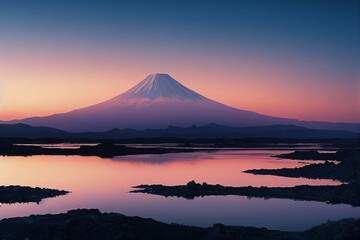 Fototapeta na wymiar 富士山と日の出（本栖湖の夜明けと朝日のイメージ風景）. Generative AI