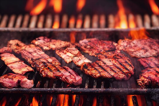 Overhead Photograph Of A BBQ With The Meats Laid Out On The Grill. Generative AI