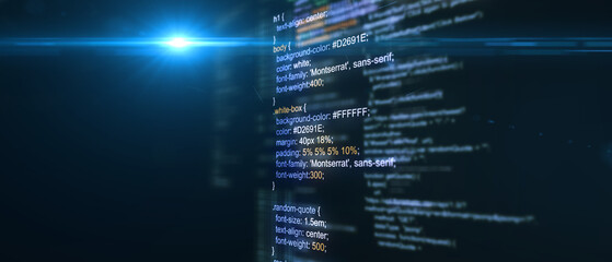 Technological background. Software source code. Program code. Programming code on virtual screen. Illustration.