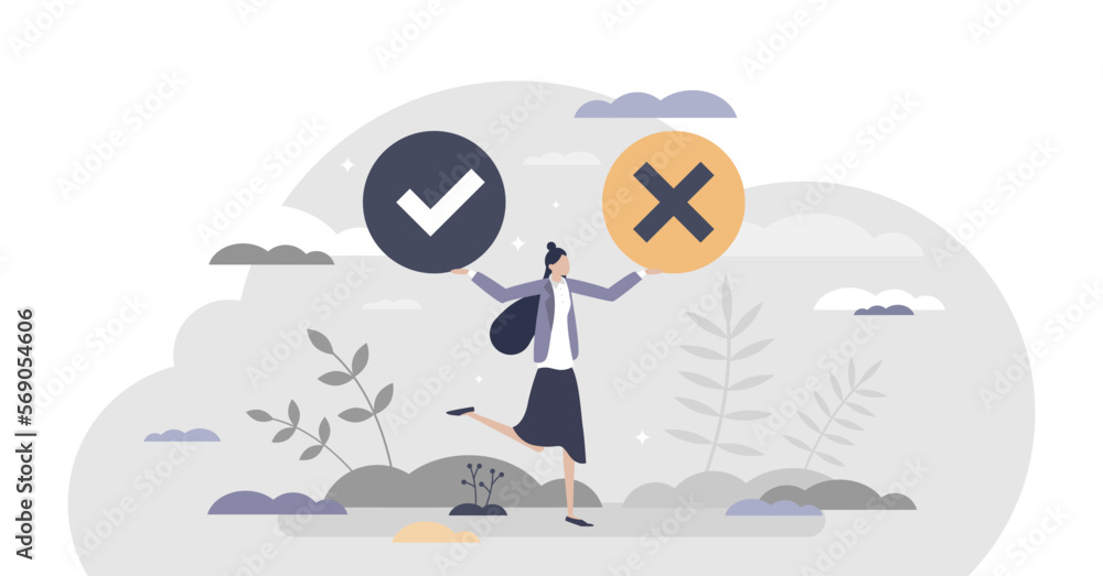 Poster choice between right and wrong decision and doubt dilemma tiny person concept, transparent backgroun