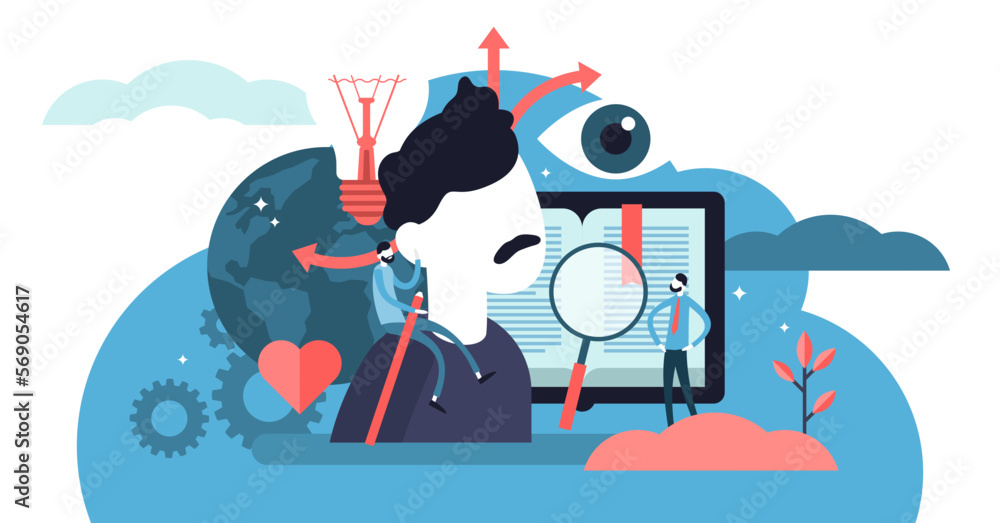 Poster cognition illustration, transparent background. flat tiny mental learning persons concept. symbolic 