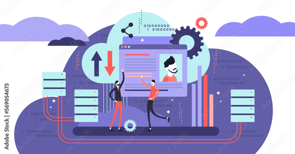 Aufkleber database illustration, transparent background. flat tiny persons virtual information concept. hardwa